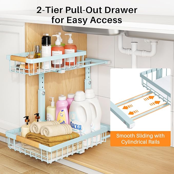 PXRACK Under Sink Organizer, Adjustable Height, 2 Tier Pull Out Under Cabinet Organizer, Slide Out Thickened Metal Under Sink Storage for Kitchen Bathroom Laundry Pantry Cabinet, Blue, Large-1-Pack