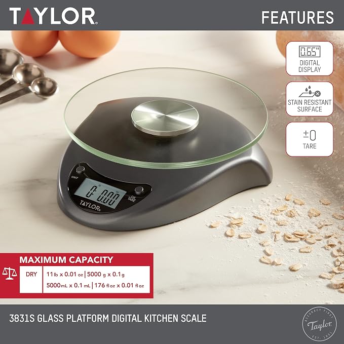 Taylor Digital Kitchen Scale with Glass Platform, Tare Button, and Plastic Body Weighs up to 11 Pounds Capacity, Silver