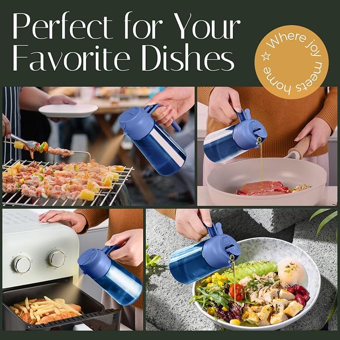 YARRAMATE 16oz/470ml Light-Blocking Dark Oil Sprayer for Cooking | 2 in1 Olive Oil Dispenser Bottle for Kitchen, Premium Blue Glass Oil Bottle, Food-Grade Oil Mister for Air Fryer (BlackNavy)