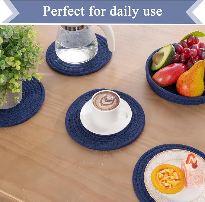SHACOS 8 Inches Trivets for Hot Dishes, 4 Pieces Cotton Trivets Mats for Kitchen with Storage Basket, Hot Pads for Countertops and Table, Heat-Resistant Pot Holders for Hot Pots and Pans, Navy Blue