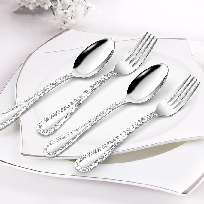 HaWare 24-Piece Forks and Spoons Silverware set, Stainless Steel Flatware with Pearled Edge for Home/Kitchen, Include 12 Dinner Forks(7.9in) and 12 Dinner Spoons(7.9in), Dishwasher Safe