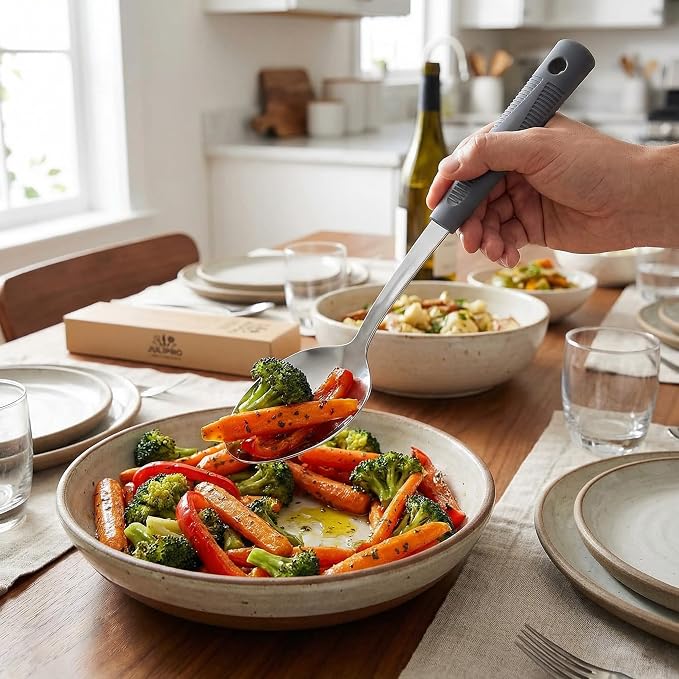 Serving Spoon Set with Silicone Handles,2-Piece spoon | Stainless Steel Serving Spoon, Slotted Spoon & Soup Ladle Set for Buffet and Home Kitchen