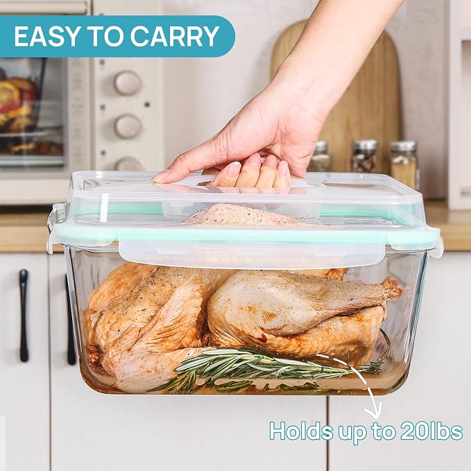 Vtopmart Extra Large Glass Food Storage Containers, 6.5L/220oz/27.5cup | Snap Airtight Lids, For Roasting Turkey, Chicken, Baking Casserole, Fruits, Party, BPA Free, Oven Safe, Freezer, Dishwasher