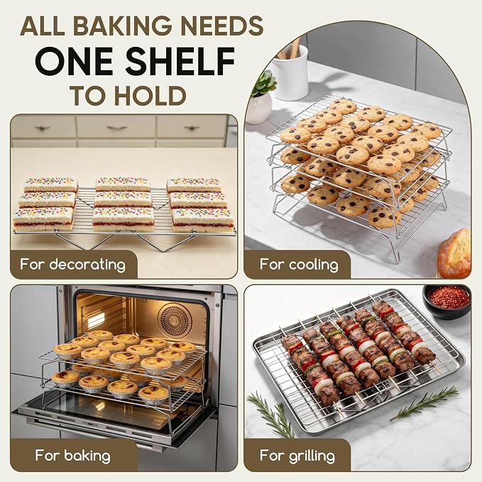 Herogo Cooling Rack, 2-Tier Stainless Steel Baking Rack for Cookies, Cupcakes, and Pastries, Collapsible Space-Saving Design, Dishwasher Safe, Ideal for Baking, Roasting, and Drying