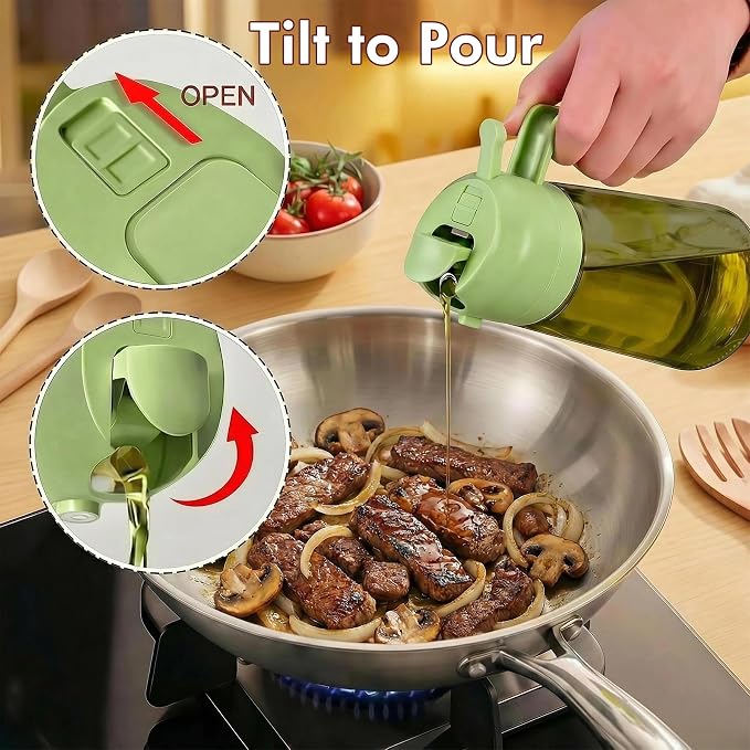 Poshetion 2 in 1 Olive Oil Sprayer for Cooking, 16oz Light-Proof Oil Dispenser for Kitchen, Leak-Proof Oil Spray Bottle for Air Fryer, Salad, BBQ, Baking, Grilling - Green