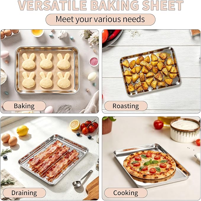 TeamFar Stainless Steel Baking Sheet with Rack Set, 12.5"x 9.5"x1" | 2 Pans + 2 Racks, Cookie Sheet Baking Pan Tray with Cooling Rack for Cooking, Non-Toxic & Rust Proof, Dishwasher Safe