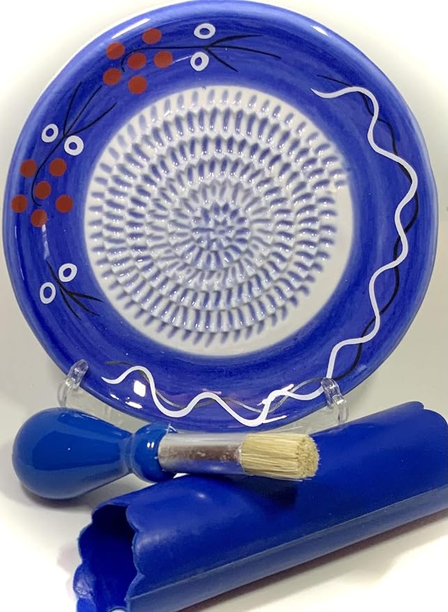 BonCera, All-in-one Premium Ceramic Garlic Grater Plate 4-Piece Set - Cherry Line on Blue Design - For Garlic, Ginger, Chocolate, and more! - Comes with 5.25" Plate, Peeler, Brush, and Stand