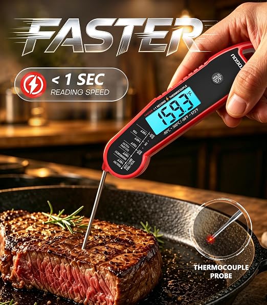 Atogou Professional Meat Thermometer Digital for Cooking Food, <1 Sec Instant Read & ±0.5℉ Accuracy, IP67 Waterproof, Thermocouple Sensor Probe, for Kithchen, BBQ, Grill, for Men Him Dad Birthday, Red