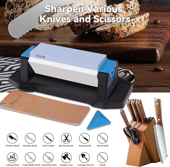 Knife Sharpening Stone,tri stone knife sharpener,3 Sides Grit 400/1000/5000,Whetstone Knife Sharpener with Non-Slip Base, Angle Guide & Leather Strop, for Kitchen Knives and Pocket Knives