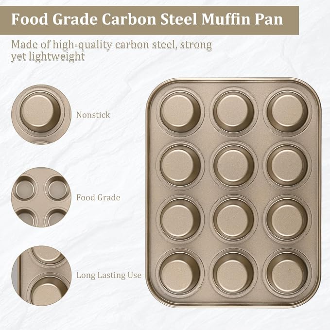 Mini Muffin Pan 2-Pack, Premium Small Cupcake Pans, Carbon Steel 12-Cup Muffin Tin, Versatile Non-Stick Bakeware