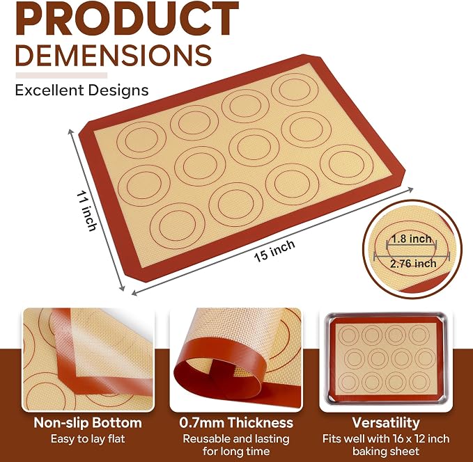 P&P CHEF 15 Inch Silicone Baking Mat, 2Pcs Non-stick Silicone Oven Mats | Reusable Baking Supplies for Macaroon Pastry Bread Dough Cookie Pizza, Good for Roasting Kneading, Fit Well with Sheet Pan