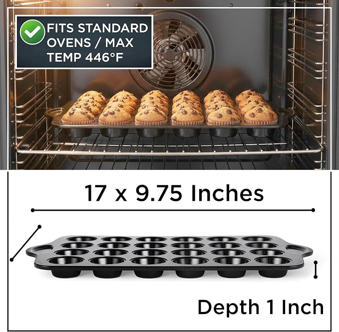 Wrenbury 24-Cup Mini Muffin Pan - PFOA-Free Non-Stick, Premium Carbon Steel | 1.8" Cups, Dishwasher Oven and Freezer Safe, Heavy Gauge