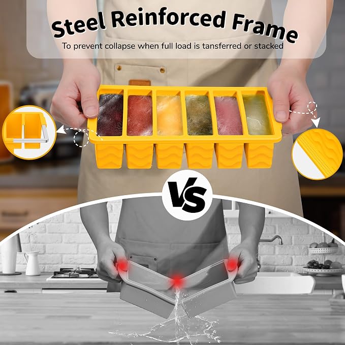 2-Pack Silicone Freezer Trays with Lid, 2 Large 2-Cup(500ml) & 6 Small 1/2-Cup(125ml) Soup Freezer Container Molds, Ice Cube Tray For Meal Prep & Freezing Soup, Stews, Sauces, Oven & Dishwasher-Safe