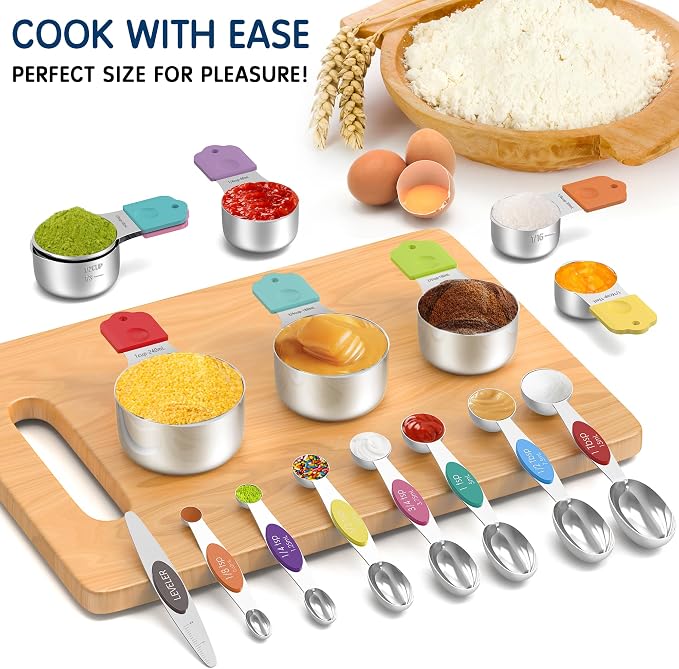 Stainless Steel Magnetic Measuring Cups and Spoons Set, 5 Nesting Magnetic Measuring Cup, 7 Magnetic Measuring Spoons, 1 Leveler for Liquid & Dry