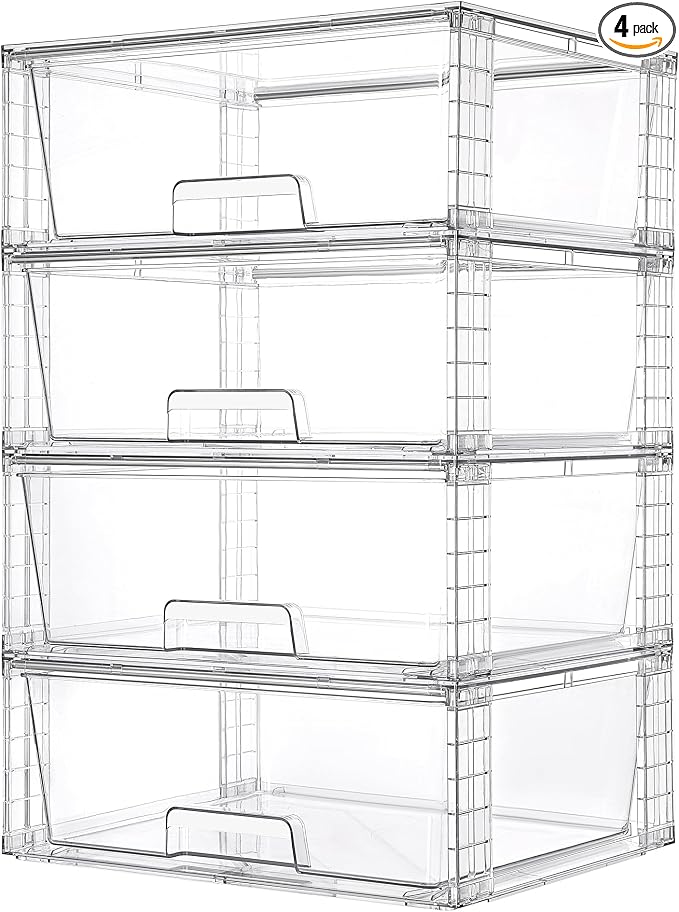 Vtopmart 4 Pack Large Clear Stackable Storage Drawers for Closet, Pantry | Easily Assemble Bathroom Closet Undersink Organizers,Plastic Bins for Cabinet,Kitchen Pantry,Medicine Organization