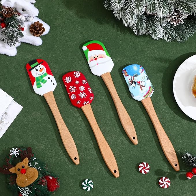 Christmas Spatula Set, 4 Pieces Kitchen Christmas Silicone Spatula Set with Wooden Handle for Baking Cooking and Christmas (Assorted Color)