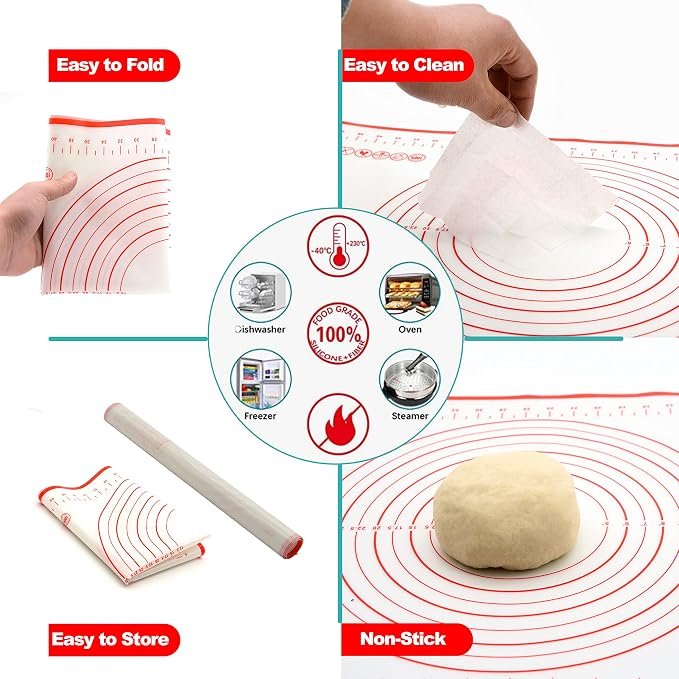 1Pcs Rolling Pin And Silicone Baking Pastry Mat Set, Stainless Steel Dough Roller, with Adjustable Thickness Rings Nonstick Mat, for Dough, Pizza, Pastries, Pasta, Cookies