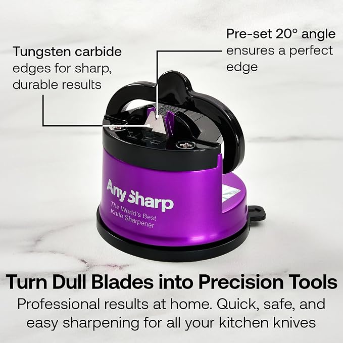 AnySharp – Pro – Hands Free Knife Sharpener - Easy to Use Sharpening Tool with PowerGrip Suction Base and 20-Degree Pre-Set Angle - for All Knives: Chef's, Serrated, and Hardened Steel - Purple (UV)