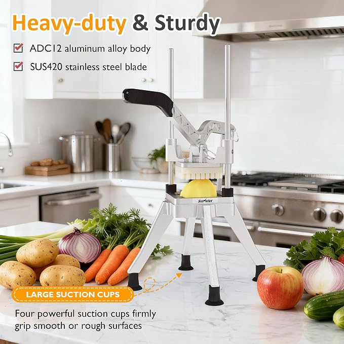 Sunvivi Commercial French Fry Cutter, Heavy Duty Potato Slicer with 2 Replaceable blades (1/2 & 3/8 Inch), Professional Fries Cutter for Potatoes, Carrots, Cucumber, Onion, Yam, Stainless Steel