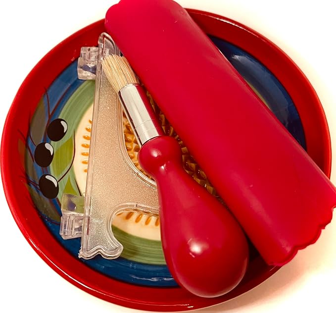 BonCera, All-in-one Premium Ceramic Garlic Grater Plate 4-Piece Set - Classic Multicolor Olive Design - For Garlic, Ginger, Chocolate, and more! - Comes with 5.25" Plate, Peeler, Brush, and Stand