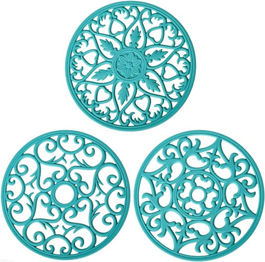 Teal Trivets for Hot Dishes, Silicone Hot Pads for Kitchen, Silicone Trivets for Hot Pots and Pans, Countertop and Tabletop Trivet Mat, Multi Use Round Silicon Pot Holders Set of 3