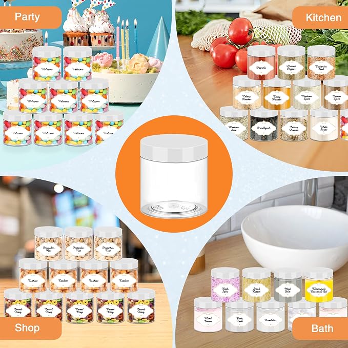 PeacePeo 6 OZ Plastic Jars with White Lids, 48 Pcs Slime Containers | Empty Round Clear Storage Jars, Wide Mouth Refillable, Easy to Clean, Space Saving, for Organizing Beads and Small Products