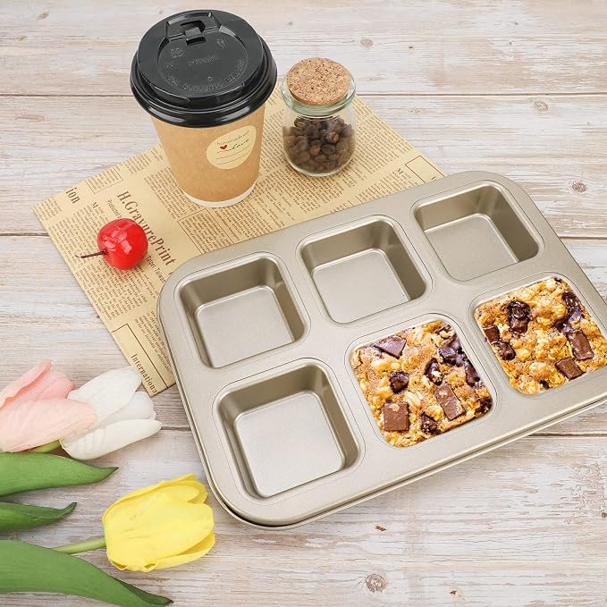 Beasea Mini Brownie Pan, 2 Pack 6 Cavity Gold Square Inidividual Brownie Muffin Cake Cutter Pan Mini Cheesecake Cupcake Bakeware Carbon Steel Brownie Baking Tray Bakeware for Oven Baking