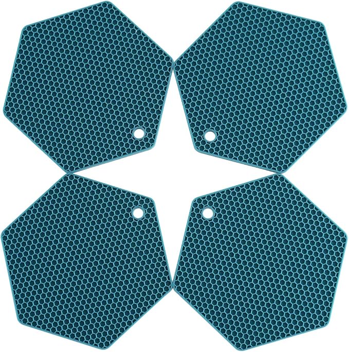 4 Packed Silicone Trivet Mats - DIY Different Size Dish Drying Mat, Hot Pot Holder for Pots & Pans, Non-Slip & Heat Resistant Kitchen Hot Pads for Countertops & Table,Teal