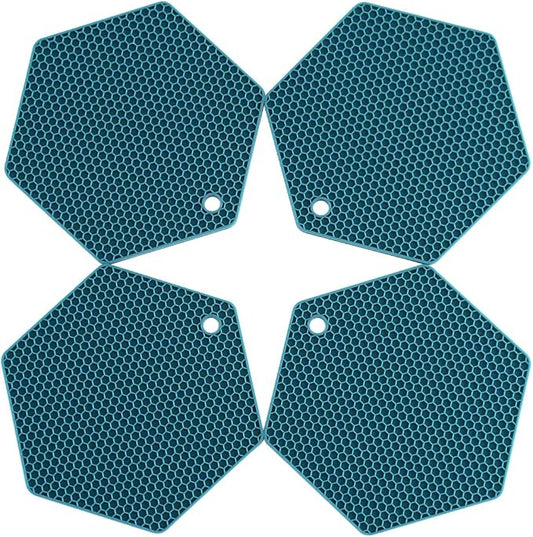 4 Packed Silicone Trivet Mats - DIY Different Size Dish Drying Mat, Hot Pot Holder for Pots & Pans, Non-Slip & Heat Resistant Kitchen Hot Pads for Countertops & Table,Teal