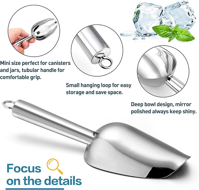 Herogo 3oz Mini ice Scoop Set of 4, Small Stainless Steel Scooper for Candy/Flour/Bean/Pet Food/ Ice Cube, Metal Utility Scoops for Kitchen Bar Party Wedding, Dishwasher Safe & Heavy Duty