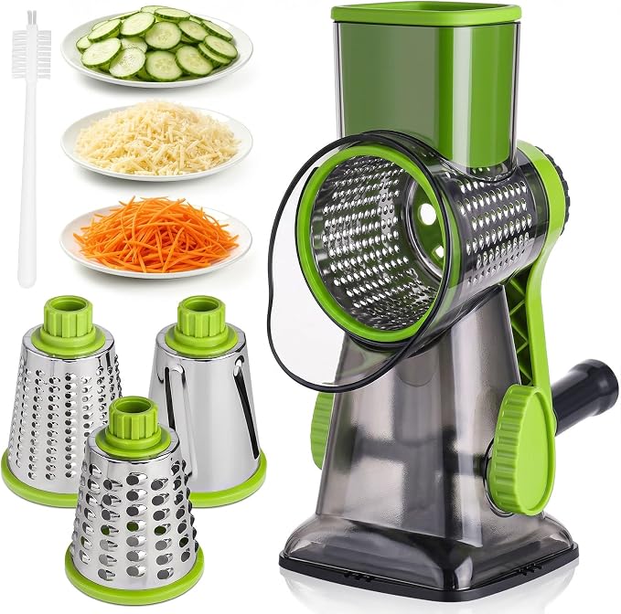 HANSGO Rotary Cheese Grater, 3 Stainless Steel Blades, Labor-Saving Handle, Strong Suction Base, for Cheese, Vegetables, Nuts, Chocolate & Fruits, Ideal for Family Meals, Salads, Pasta & Easy Cleanup