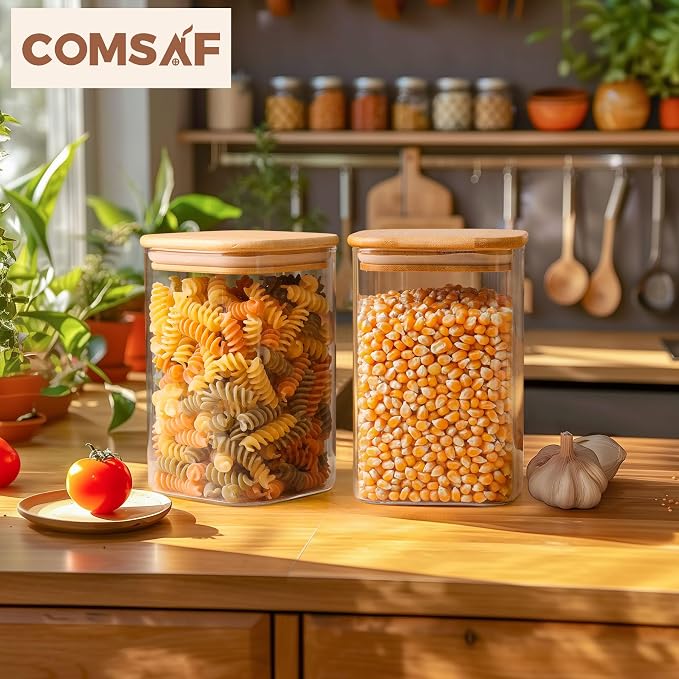 ComSaf 1.2 QT Glass Storage Containers with Lids, Glass Jars with Lids, Clear Food Jar, Square Canister Set of 6, Pantry Organizers and Storage for Cookie Flour Oat Pasta Tea Coffee Bean (Pack of 2)