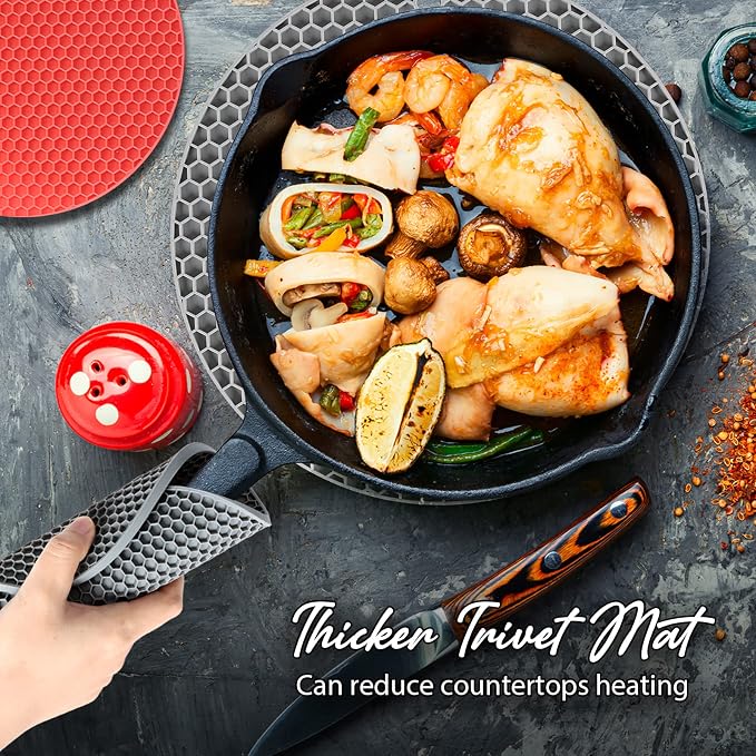 4 Pack Silicone Trivet for Hot Dishes | Heat Resistant Silicone Pot Holders for Kitchen Countertops, Hot Dishes, Jar Opener, Spoon Holder, Easy to Wash and Dry, Grey