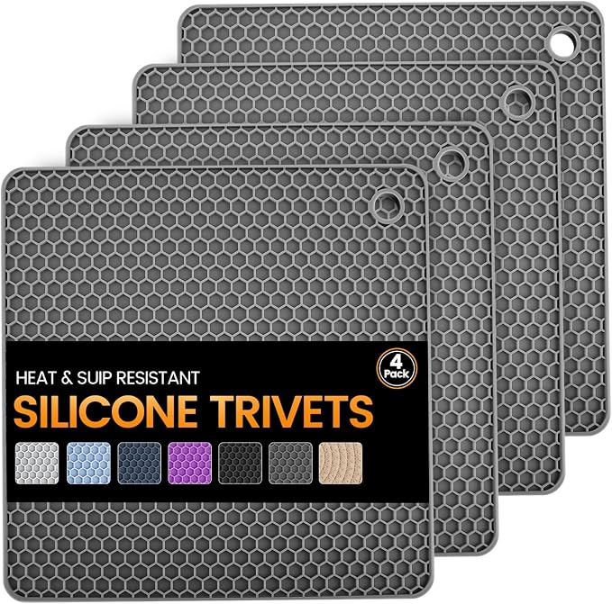 Silicone Trivet Mats 4 Heat Resistant Pot Holders Multipurpose Non-Slip Hot Pads for Kitchen Potholders, Drying mat, Jar Opener, Spoon Holder, Coaster.(Grey)