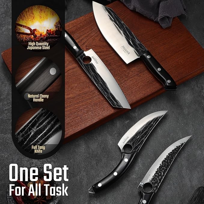 Huusk Knives Set, Serbian Chef Knife Set with Bag, Japanese Kitchen Knives Set, Hand Forged High Carbon Steel Knife Set, Full Tang Knives with Ebony Handle, Christmas Gift for Men and Women