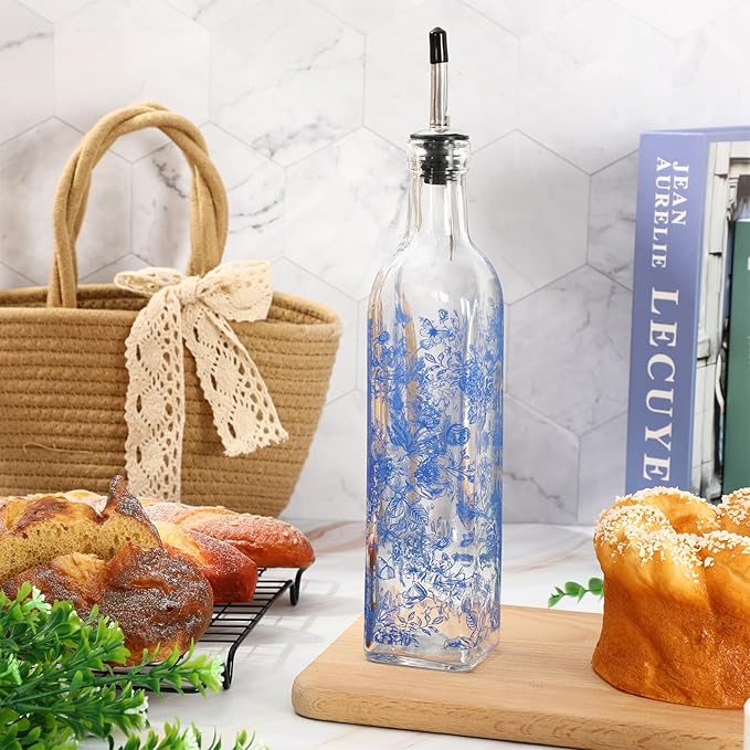 JarThenaAMCS Chinoiserie Olive Oil Dispenser Bottle Blue Floral Glass Cruet Bottle with Spout Cooking Vinegar Container for Home Kitchen Table Countertop Decor