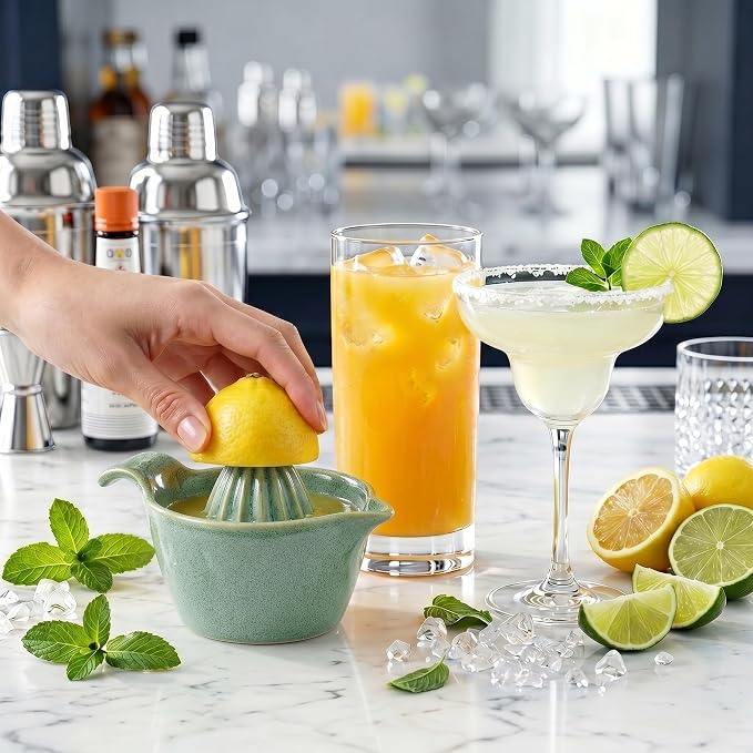4 inch Ceramic Lemon Squeezer-Manual Citrus Juicer with Handle and Easy Pour Spout for Lemon,Orange, Lime&Grapefruit-Easy to Clean Hand Press Juicer,Microwave&Dishwasher Safe,Lead-Free (Green)