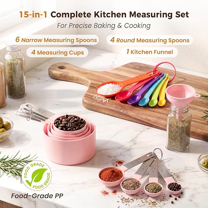 THLHKD 15 Pcs Measuring Cups and Spoons Set, Measuring Spoons Set with Stainless Steel Handles, Measure Spoon and Cup for Liquid & Dry Ingredients, Cute Pink & Colorful