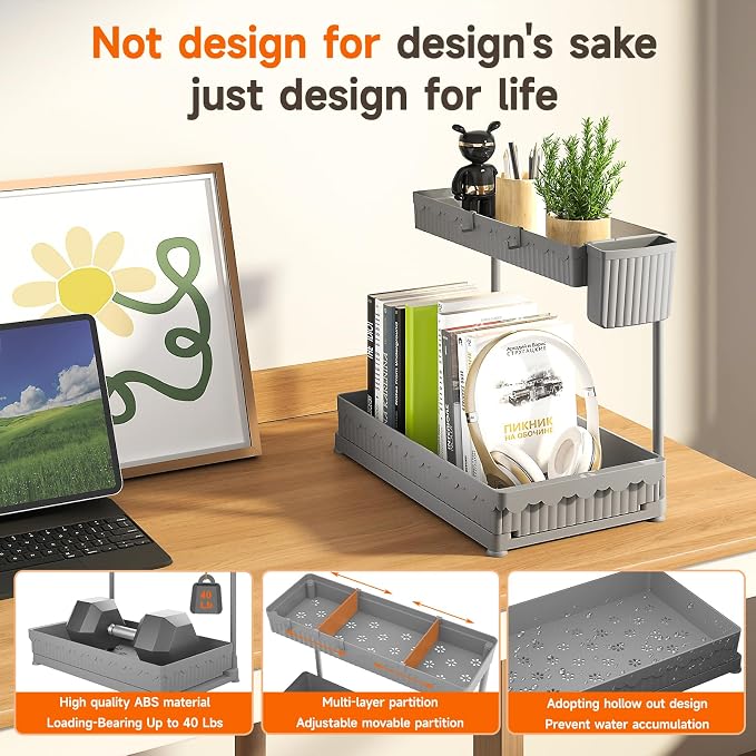 3-Pack 2-Tier L-Shaped Under Sink Organizers with Sliding Drawers | Multi-use kitchen & bathroom storage, 14.85 inch grey cabinet organizer, space-saving sliding drawer design.