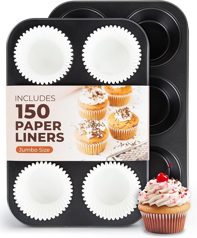 CARTMAN 2-Pack Jumbo Muffin Pan with 150 Liners, 12.6" x 8.3", Nonstick | 6-Cup, 3.5" XL Cups, Bonus Liners, Carbon Steel, PTFE-Free, 450°F Oven Safe, Extra Large Muffin Pan, XL Treats, Egg Bites