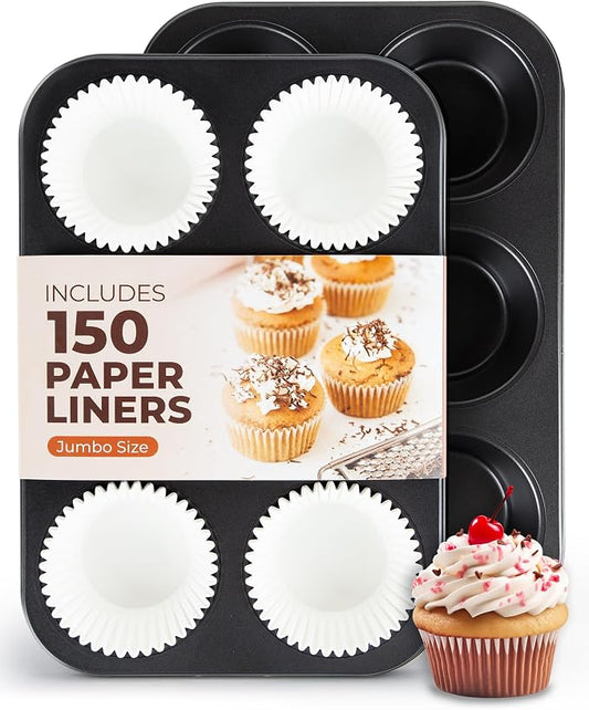 CARTMAN 2-Pack Jumbo Muffin Pan with 150 Liners, 12.6" x 8.3", Nonstick | 6-Cup, 3.5" XL Cups, Bonus Liners, Carbon Steel, PTFE-Free, 450°F Oven Safe, Extra Large Muffin Pan, XL Treats, Egg Bites