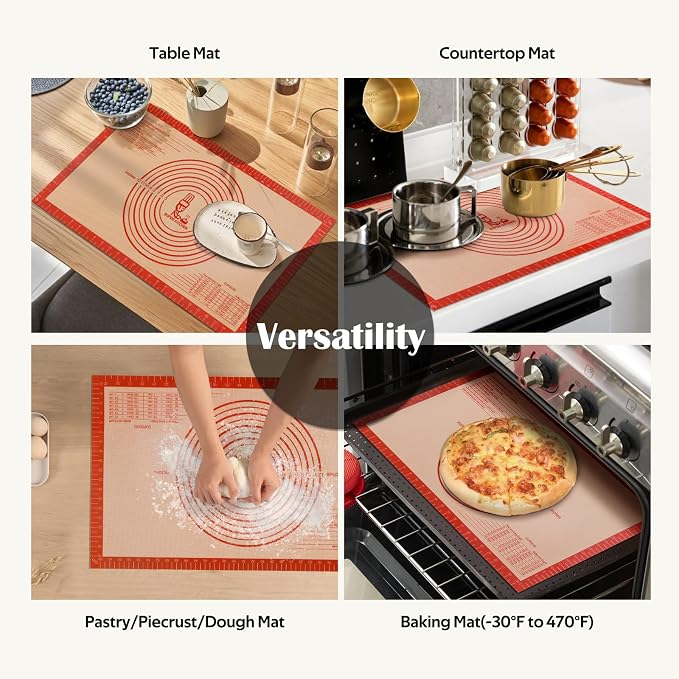 Non-slip Silicone Pastry Mat Extra Large Measurements 16''x 26'' Baking Mat | Silicone Baking Mat Counter Mat Dough Rolling Oven Liner Fondant/Pie Crust Sourdough Bread Supplies Folksy Super Kitchen Red