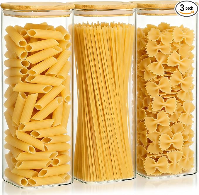 KEYWING 72oz Glass Spaghetti Pasta Storage Containers with Lids, 3 Pack | Tall Square Glass Canisters for Pantry Organization, Ideal for Flour, Cereal, Sugar, Beans and Various Dry Food Ingredients