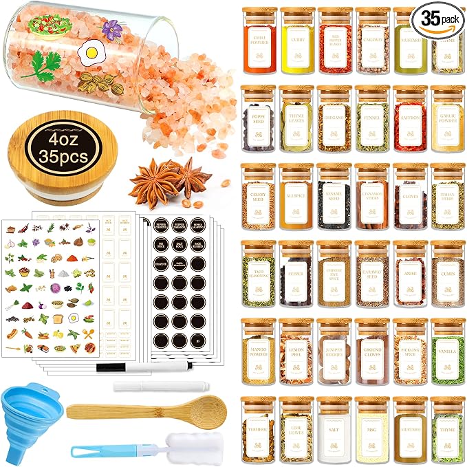 BGraceyy Spice Jars with Labels, 35 Pcs 4 oz Glass Spice Jars with Bamboo Lids, Minimalist Stackable Airtight Spice Containers with 426 labels for Home Kitchen, Pantry, Spice Cabinet, Drawer, Rack