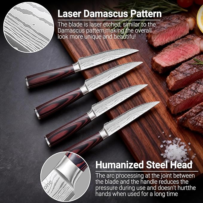 4.5 Inch Serrated Steak Knife - Ultra Sharp Serrated Knife Japanese High Carbon Steel Blade, Ergonomic Handle, Premium Kitchen Cutlery for Steak, BBQ & Outdoor Meals