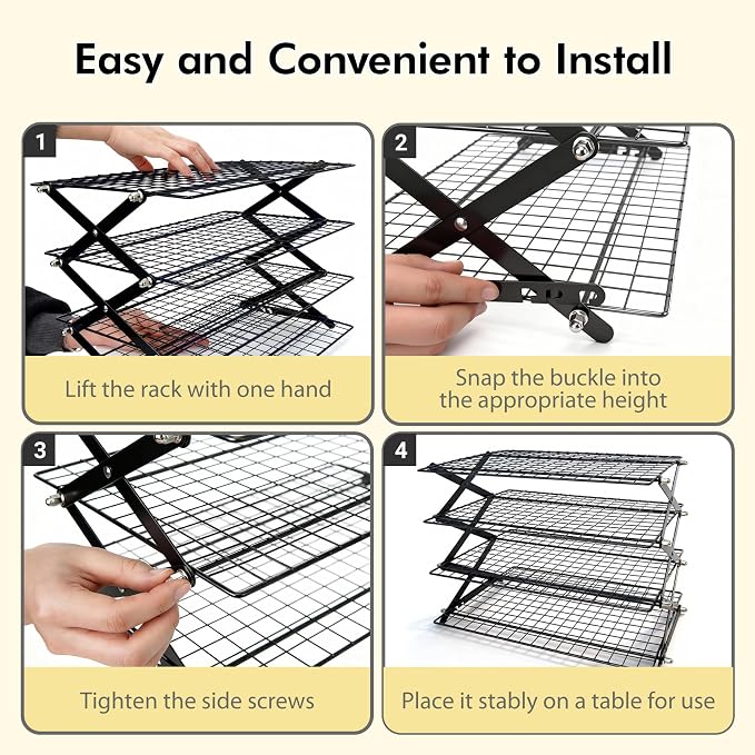 4 Tier Collapsible Cooling Rack - 3 Setting Adjustable & Stackable Stainless Steel Baking Rack, Stackable Cooling Racks for Baking, Cookies, Cakes, Roasting, Grilling, Drying, Space-Saving (Black)