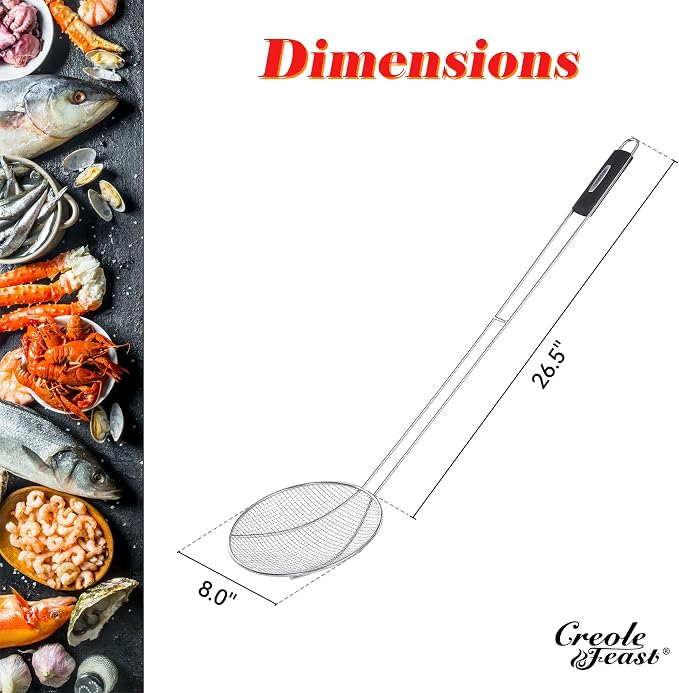 Creole Feast SKM3602 36-Inch Stainless Steel Skimmer with 8" Bowl, Wire Strainer and Mesh Scoop, Crawfish Long Ladle Accessories for Large Batch Outdoor Cooking