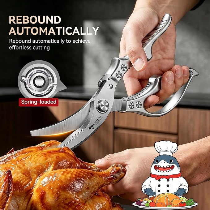 Heavy Duty Poultry Shears, Kitchen Shears with Non-Slip Handle & Safety Lock, All Purpose Kitchen Scissors for Chicken, Meat Cutting, Turkey, Fish, Vegetables, Spring Loaded, Dishwasher Safe