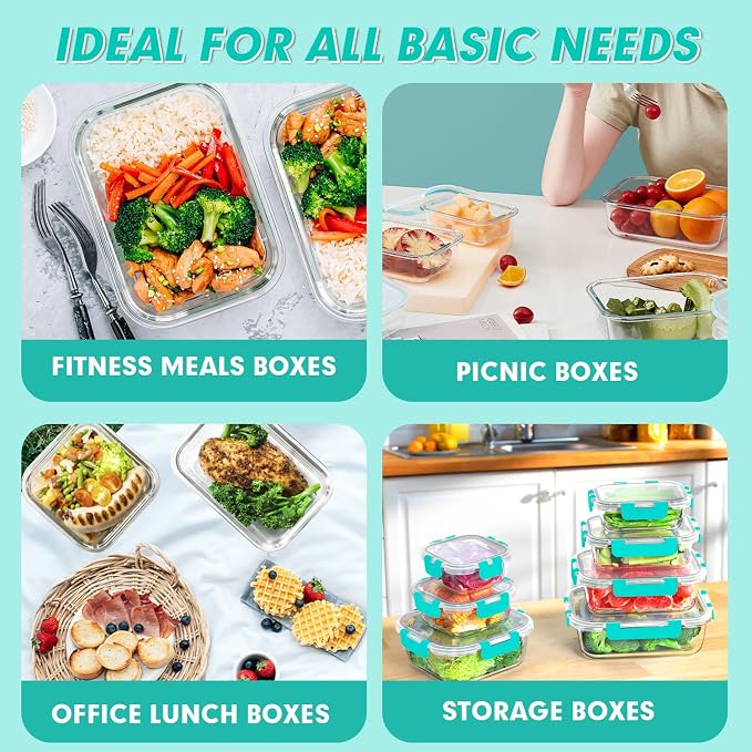 VERONES 30 Pieces Glass Food Storage Containers Set with Lids, Green | Stackable Glass Meal Prep Containers Set with Lids, Airtight Lunch Containers, for Microwave, Oven, Freezer & Dishwasher
