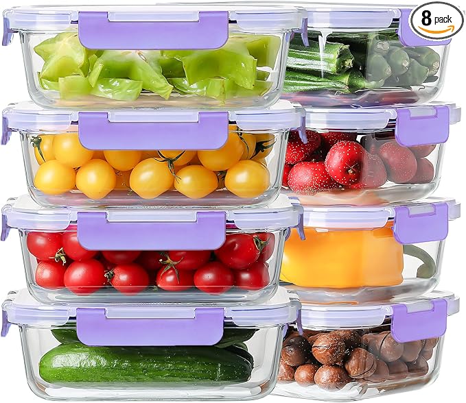8-Pack 36oz Large Glass Meal Prep Containers with Leakproof Snap-Lock Lids | Borosilicate Glass Food Storage Containers and Bento Boxes , BPA-Free, Oven, Freezer and Dishwasher Safe-Purple